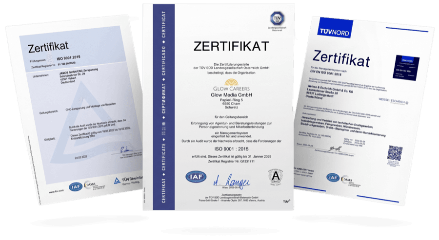 ISO 9001 Zertifikate von TÜV SÜD, TÜV Rheinland und TÜV NORD